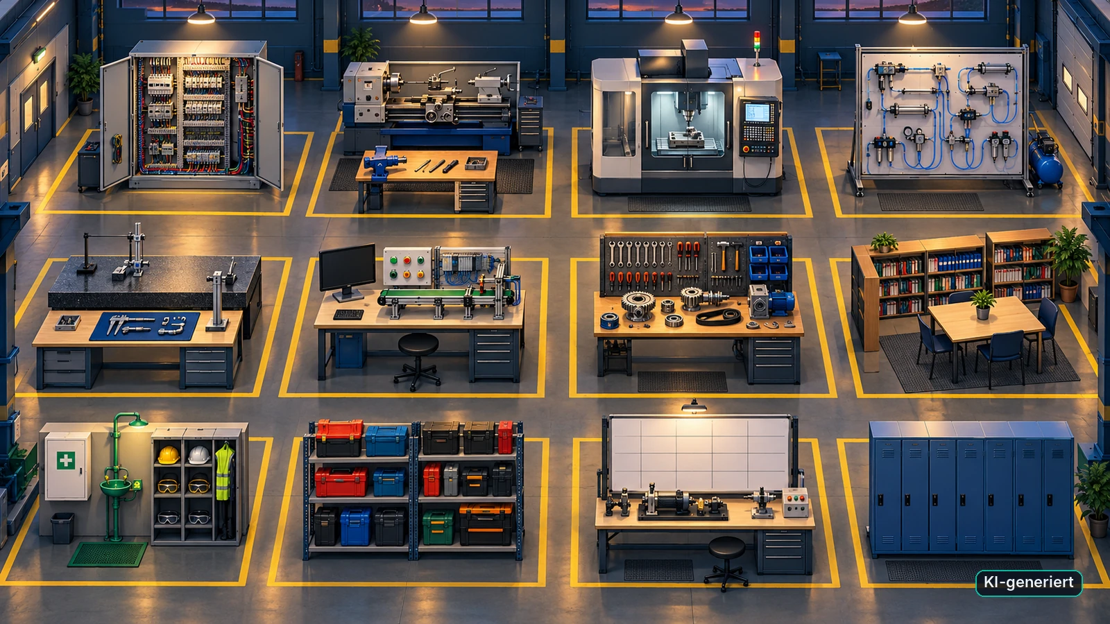 Gezeichnete Lehrwerkstatt (Halle 1) von oben mit zwölf Bereichen: Schaltschrank, Drehbank, CNC-Fräsmaschine, Pneumatik-Wand, Messplatte, SPS-Pult, Montage-Werkbank, Bibliothek, Sicherheitsecke, Kofferregal, Prüfstand und Spinde.